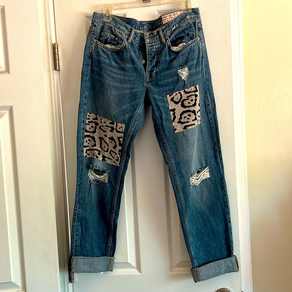 All Saints Blue Cropped Jeans with Leopard Print Patches